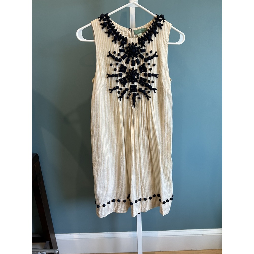 Hoss Intropia womens beige dress 100% cotton pom pom beads lightweight artsy fun